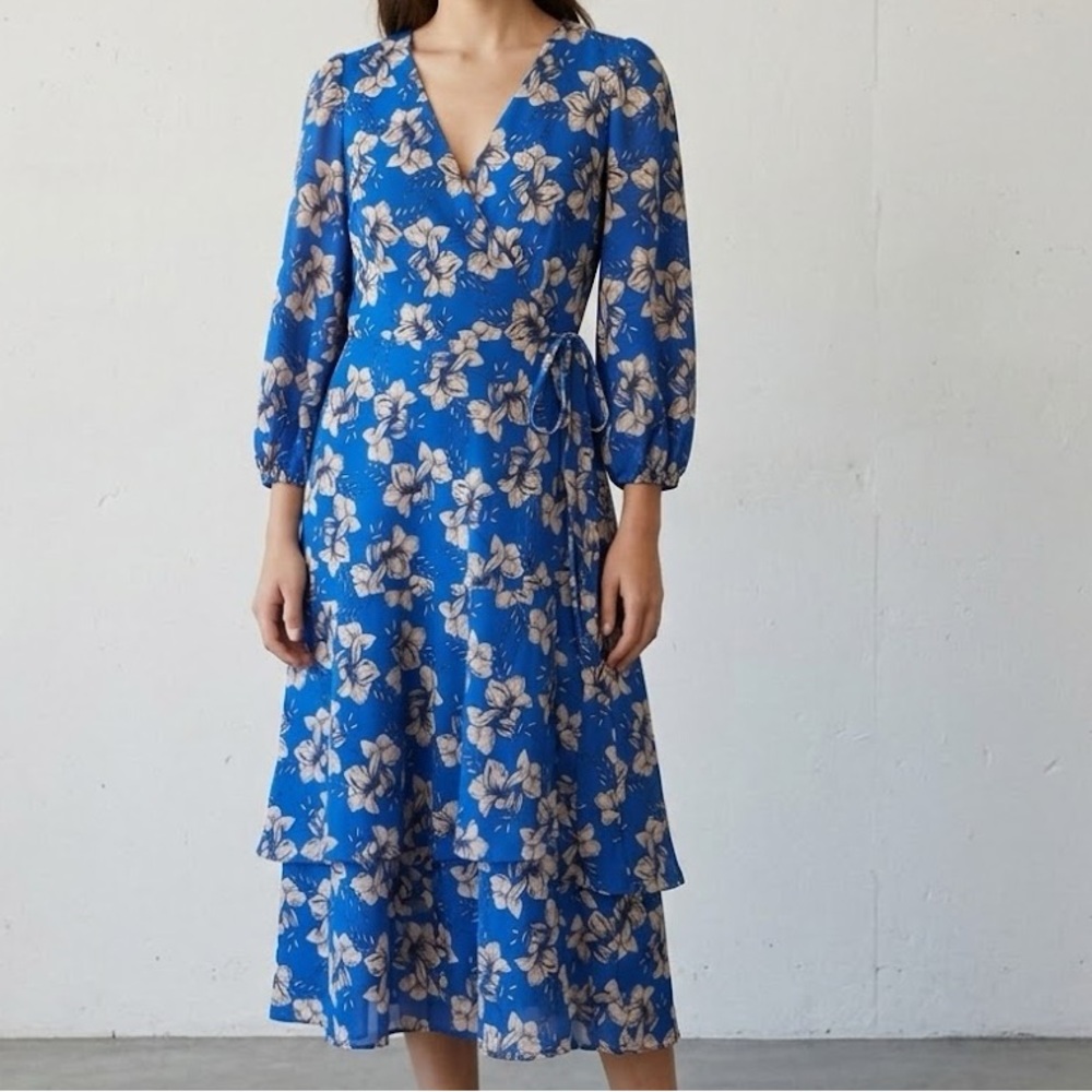 Eliza J Blue Floral Faux Wrap Tiered Midi Dress 6